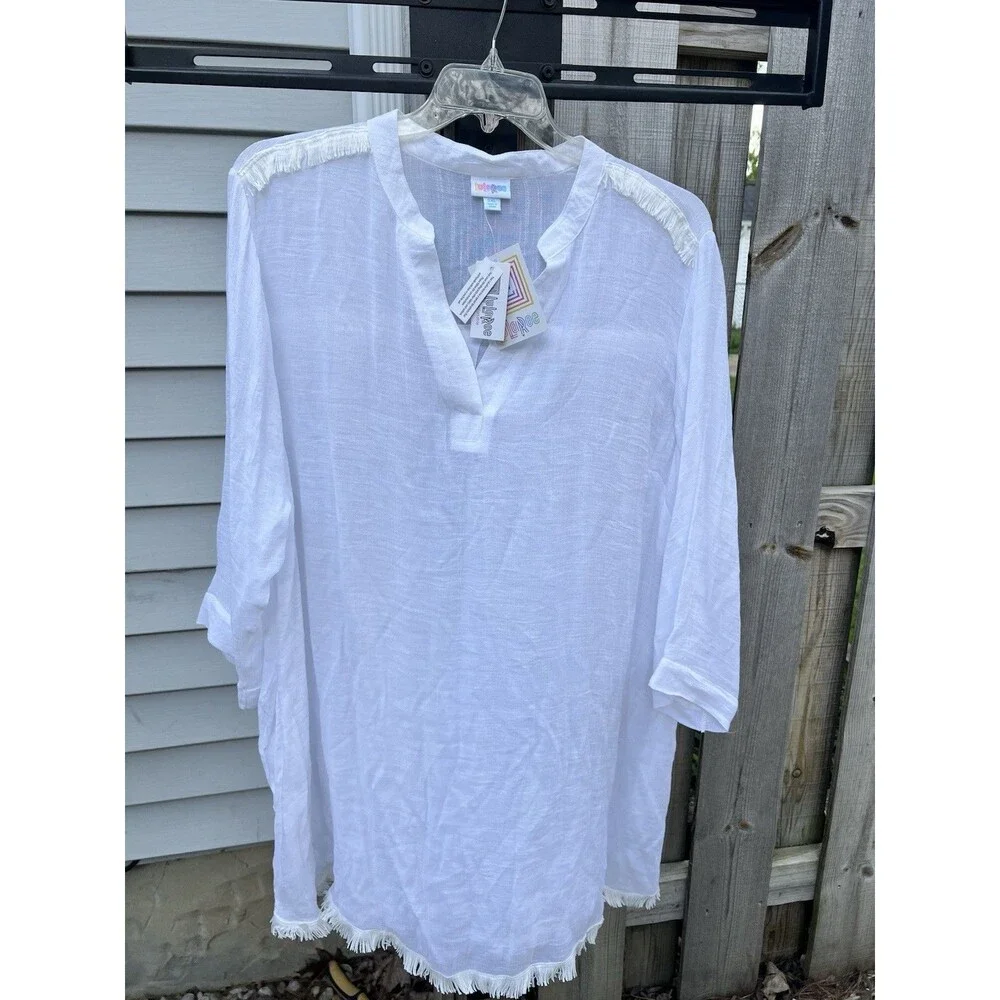 LuLaRoe Women’s Coastal Fringe Trim Cover Up Resort Collection Size 2XL White